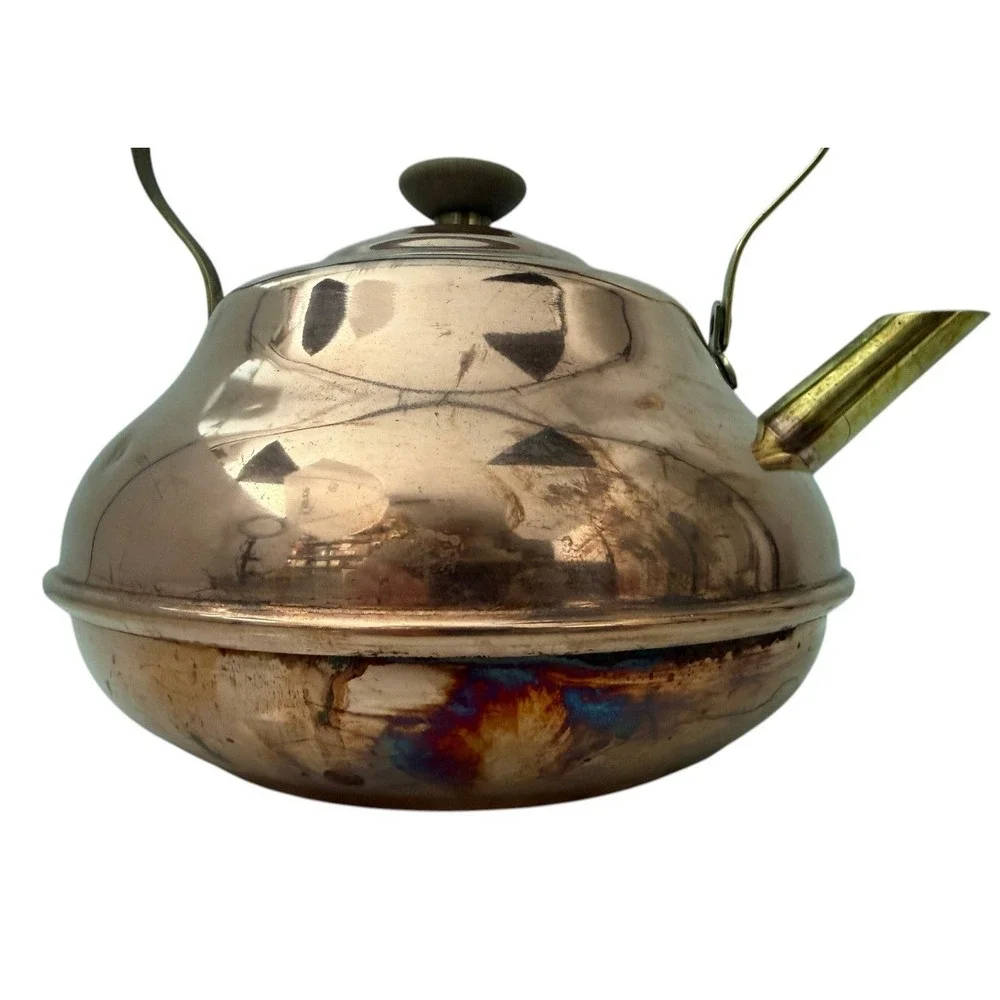 Vintage Hammered Spartan Copper Tea Kettle Stovetop Pot Brass Handle Wood Grip